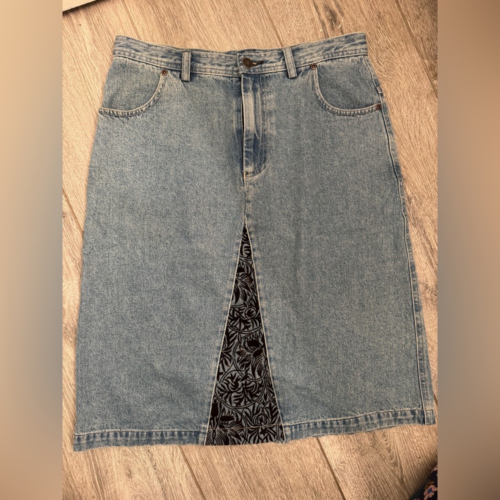 J. Jill Blue Denim Skirt with Black Floral Detail